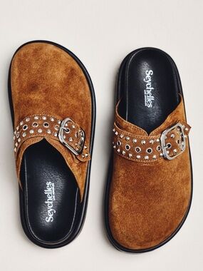 Seychelles Acclaim Brown Suede Mule Studded Buckle Slide Clogs